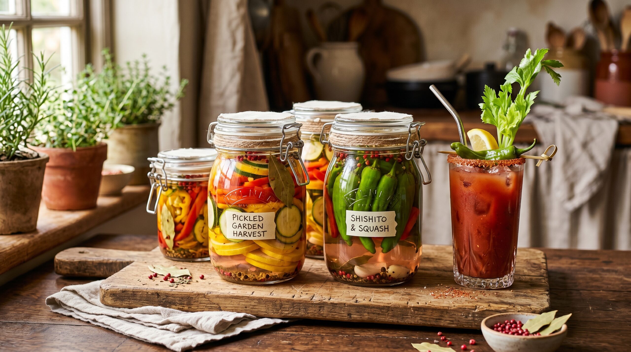 Stunning plated serving of Pickled Shishito Peppers & Summer Vegetables, a chef-tested recipe by Chef Jorj Morgan.