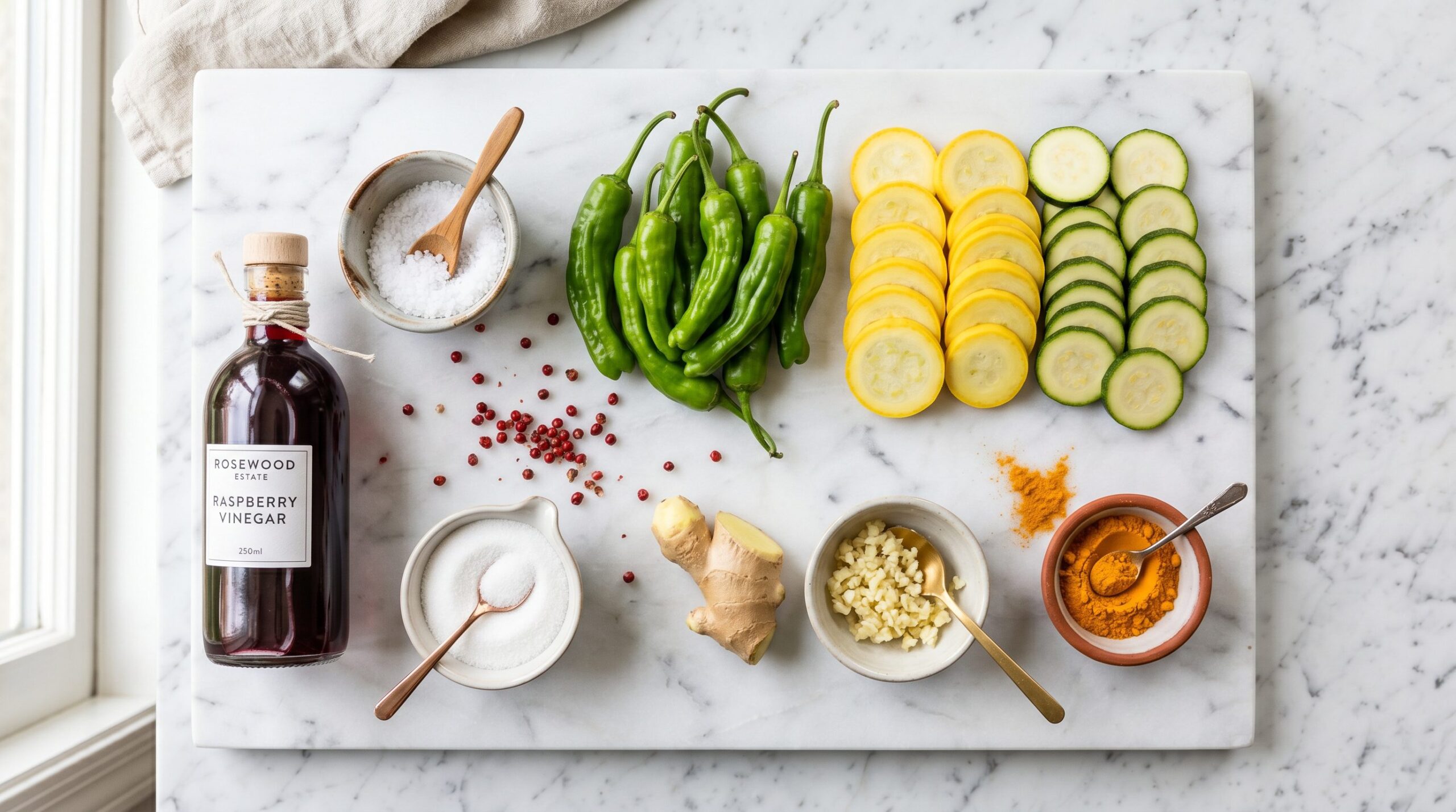 Thinly sliced yellow squash, zucchini, bell pepper, and shishito peppers arranged for pickling