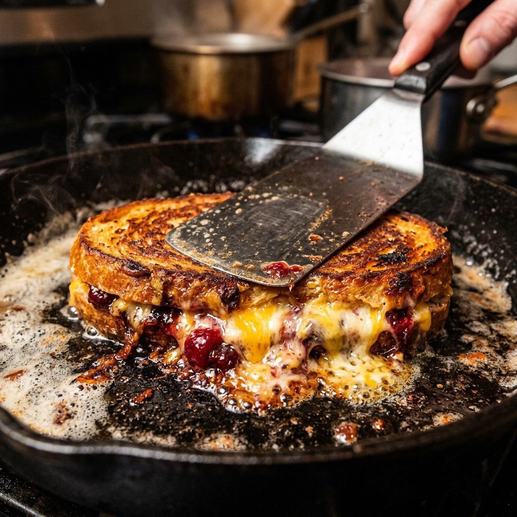 Extreme close-up action shot pressing a silver spatula down on a sizzling, thick grilled cheese sandwich oozing with melted cheese and red jam in a cast-iron skillet