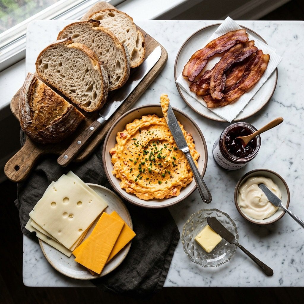 Overhead prep shot of thick artisan bread, pimento cheese spread, swiss cheese, cheddar cheese, cooked bacon, dark red fruit jam, mayonnaise, and butter on marble