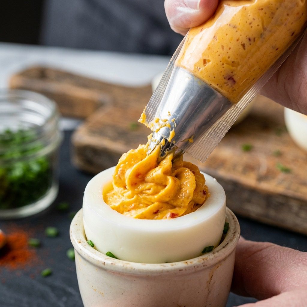 Extreme close-up action shot piping bright orange pimento cheese filling into a pristine hard-boiled egg white
