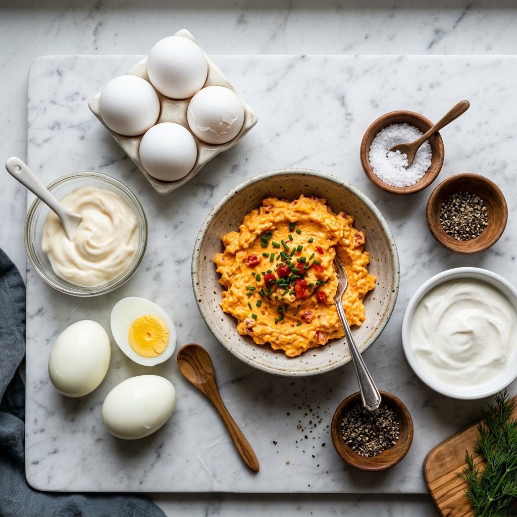 Overhead prep shot of hard-boiled eggs, mayonnaise, pimento cheese spread, sour cream, and spices on marble