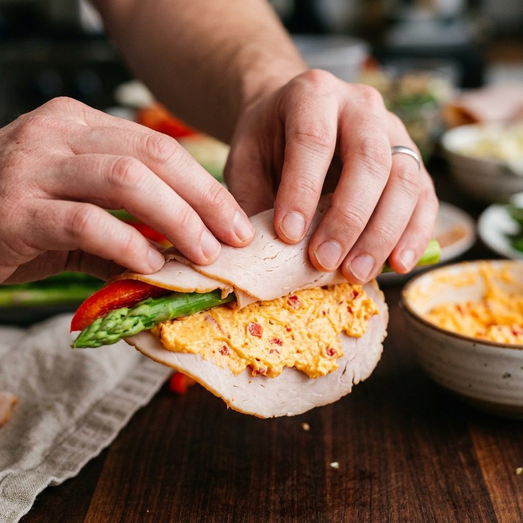 Extreme close-up action shot of hands tightly rolling turkey spread with pimento cheese around a crisp asparagus spear