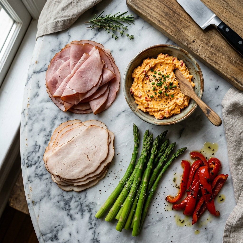 Overhead prep shot of sliced deli ham and turkey, pimento cheese, blanched asparagus spears, and roasted red peppers on marble