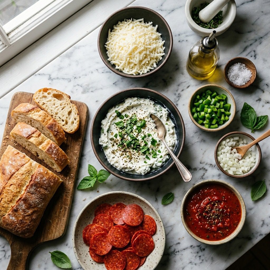 Overhead prep shot of ciabatta bread, ricotta cheese blend, mozzarella, pepperoni, diced peppers, onions, and marinara on marble