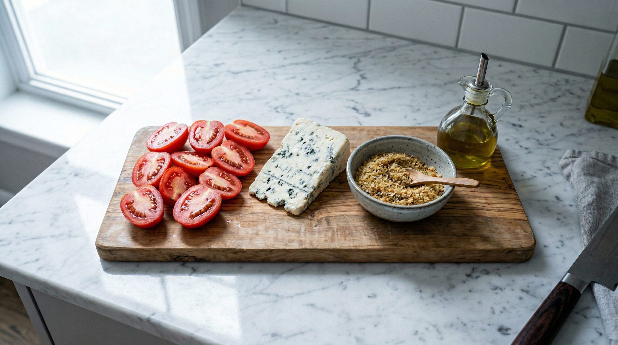 Halved plum tomatoes seeded and topped with seasoned breadcrumbs and crumbled Gorgonzola in a baking dish