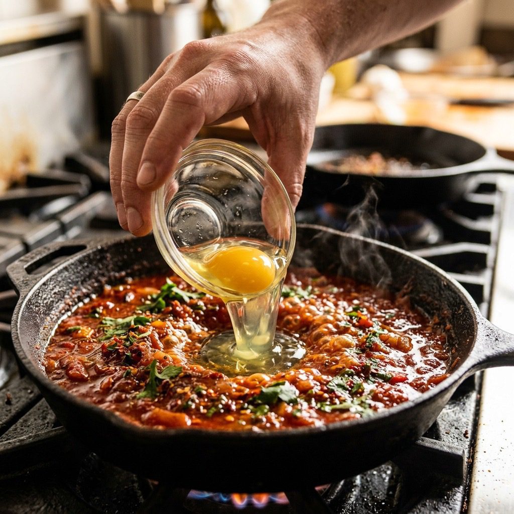 Extreme close-up action shot of an egg sliding into a perfectly formed well in a simmering spiced tomato sauce