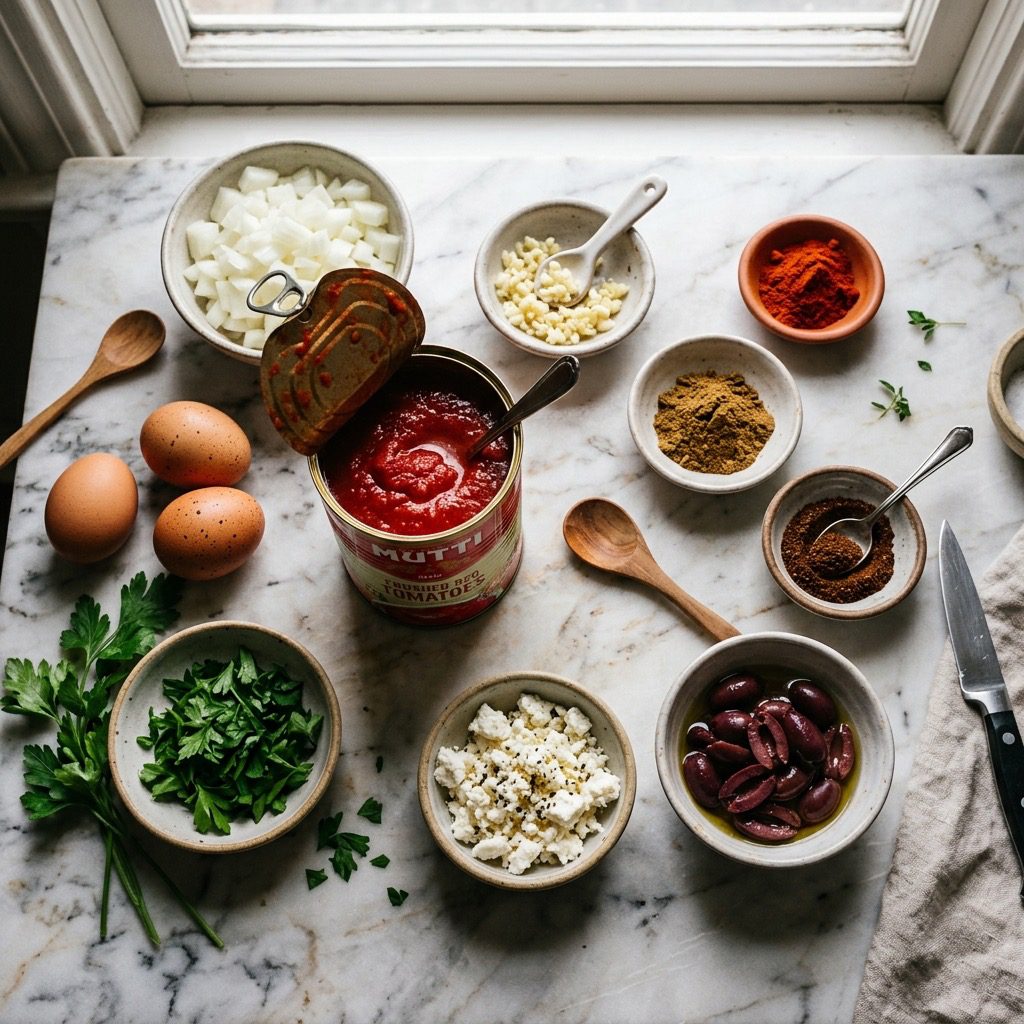 Overhead prep shot of crushed tomatoes, tomato paste, onions, garlic, spices, olives, feta, parsley, and eggs on marble