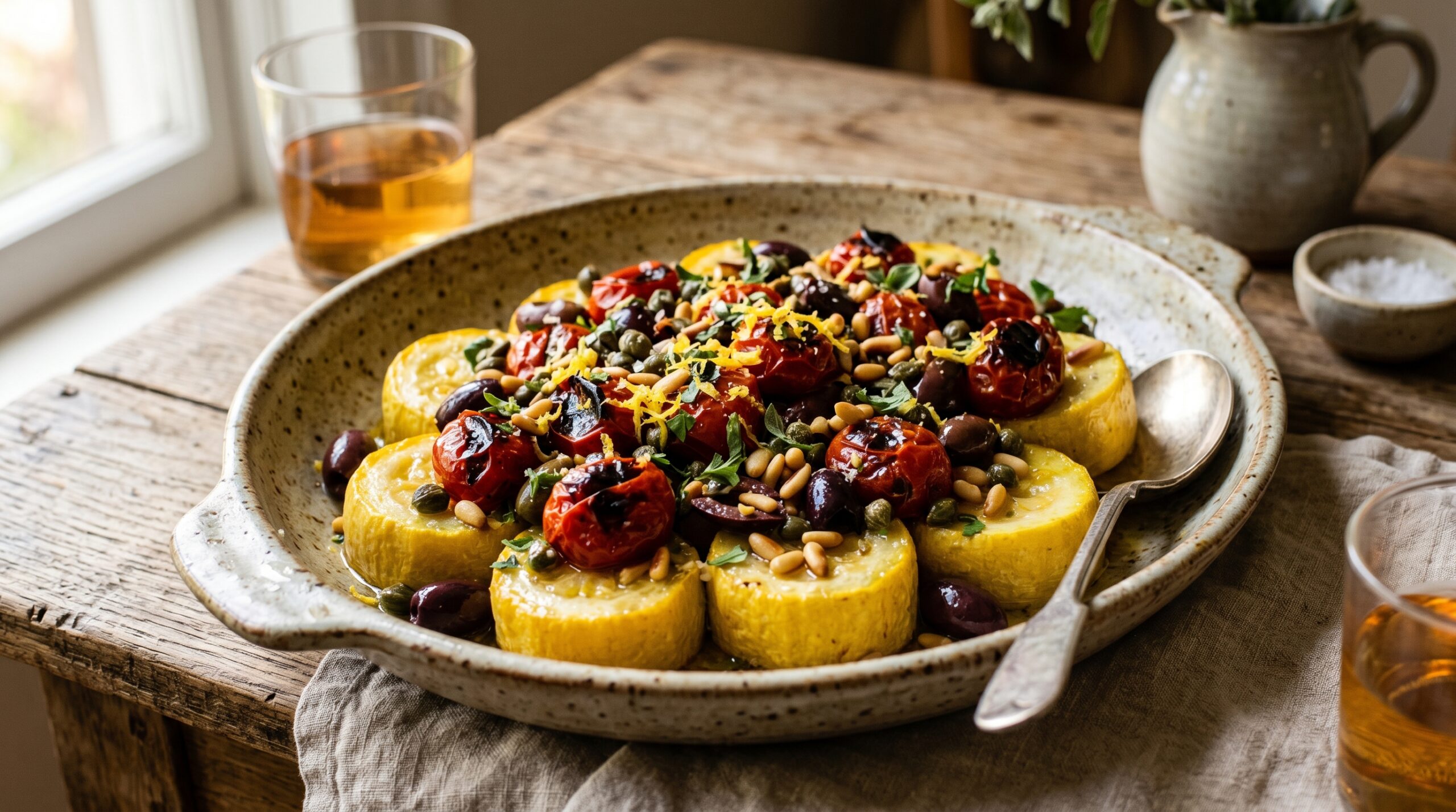 Stunning plated serving of Poached Zucchini & Roasted Tomatoes, a chef-tested recipe by Chef Jorj Morgan.