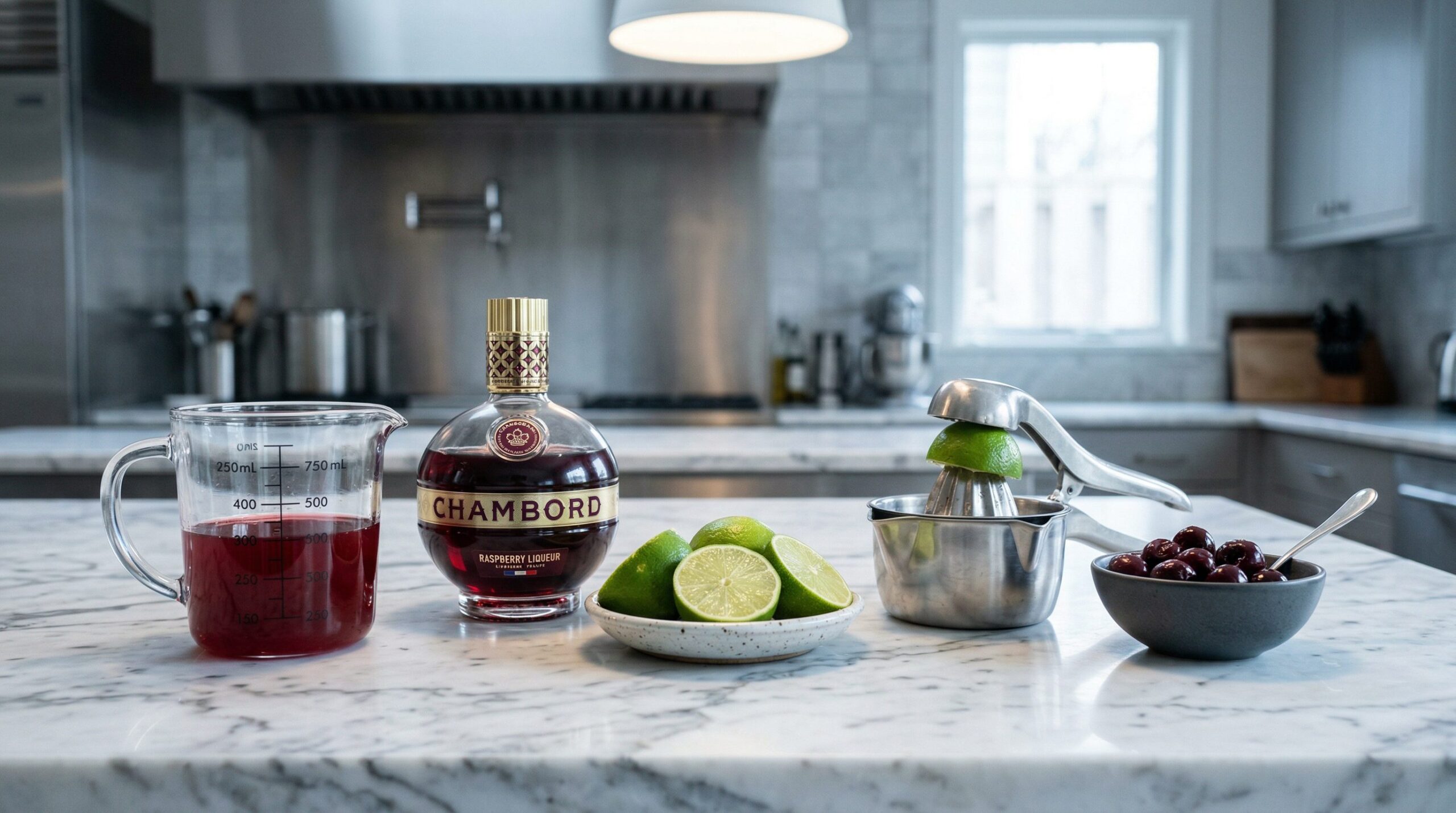 Champagne Cosmo ingredients on marble: pomegranate juice, Chambord, fresh limes, a citrus juicer, and a dish of pitted cherries