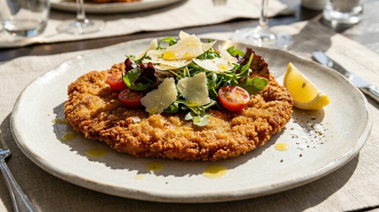 Stunning plated serving of Pork Schnitzel Milanese, a chef-tested recipe by Chef Jorj Morgan.