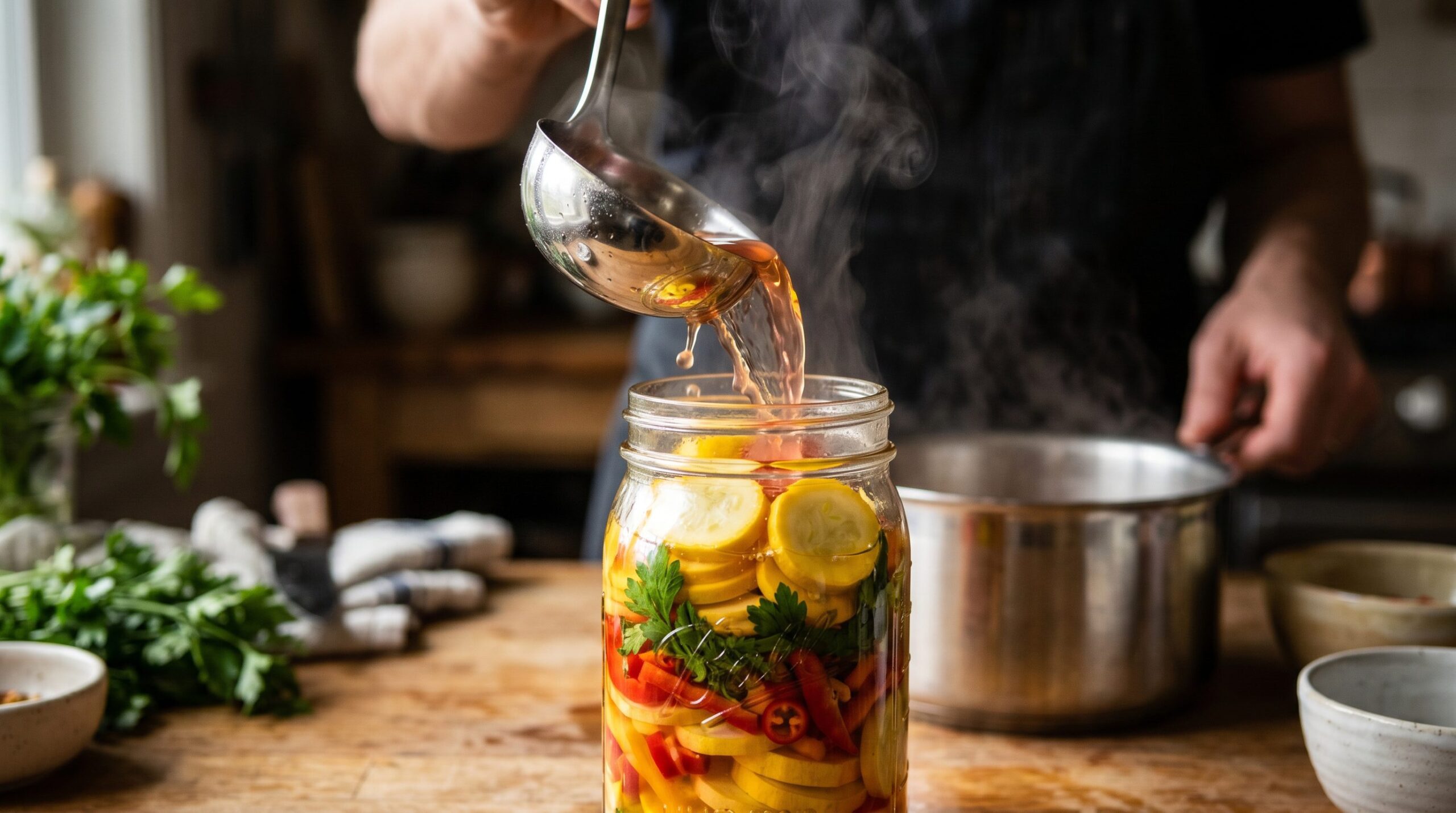 Cooled raspberry brine being poured over jars of sliced summer vegetables