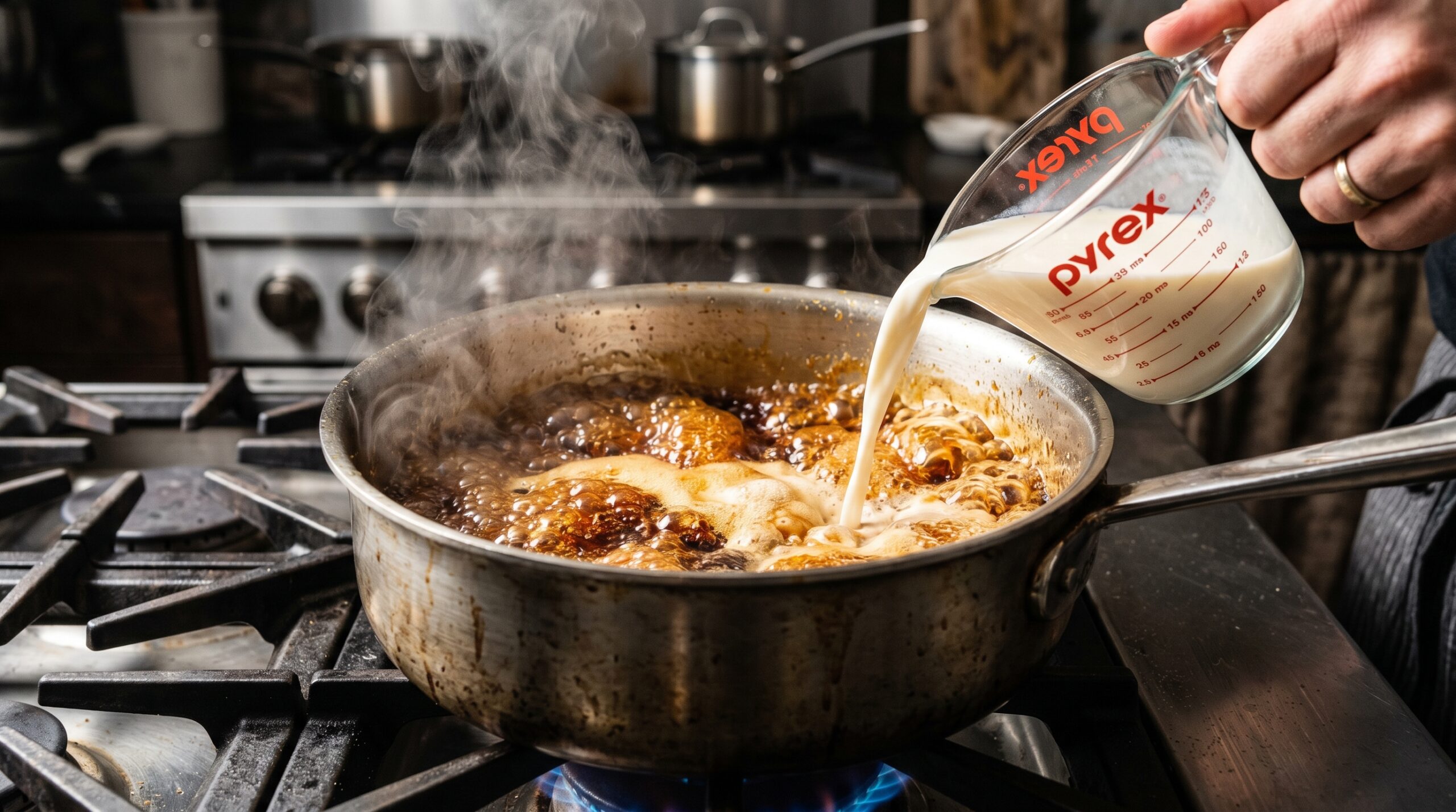 Action shot of a steady stream of warm half-and-half being poured into hot, bubbling, deep-amber liquid caramel inside a heavy stainless steel saucepan