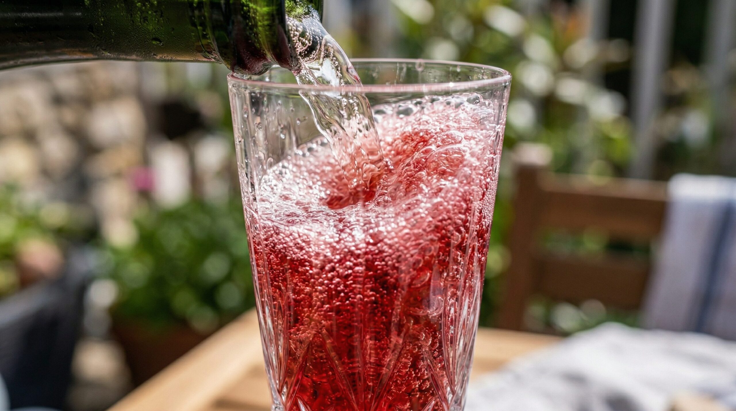 Effervescent Champagne being poured into a crystal flute over a ruby pomegranate base