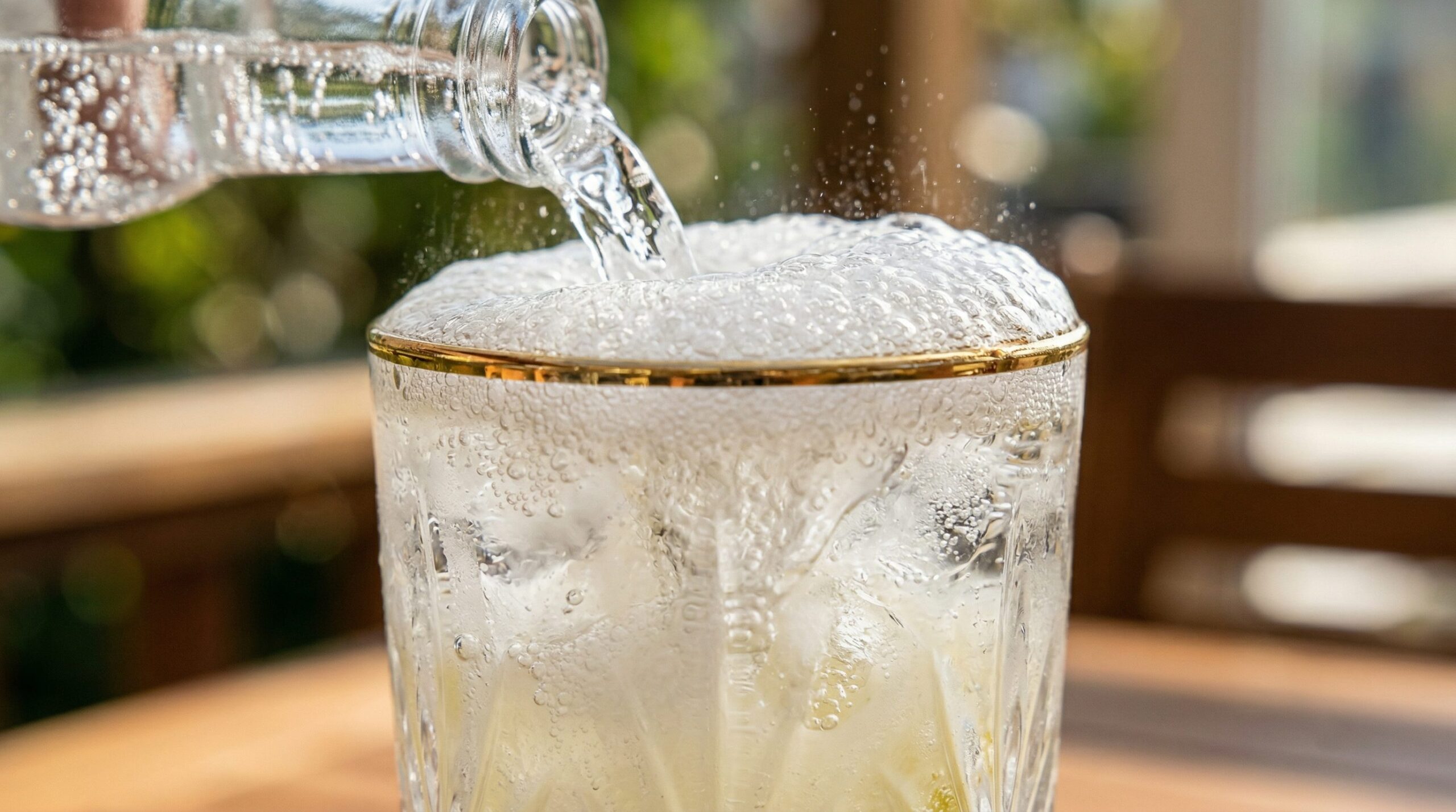 Chilled club soda being poured into a highball glass over the gin and lemon base, raising a bright effervescent foam