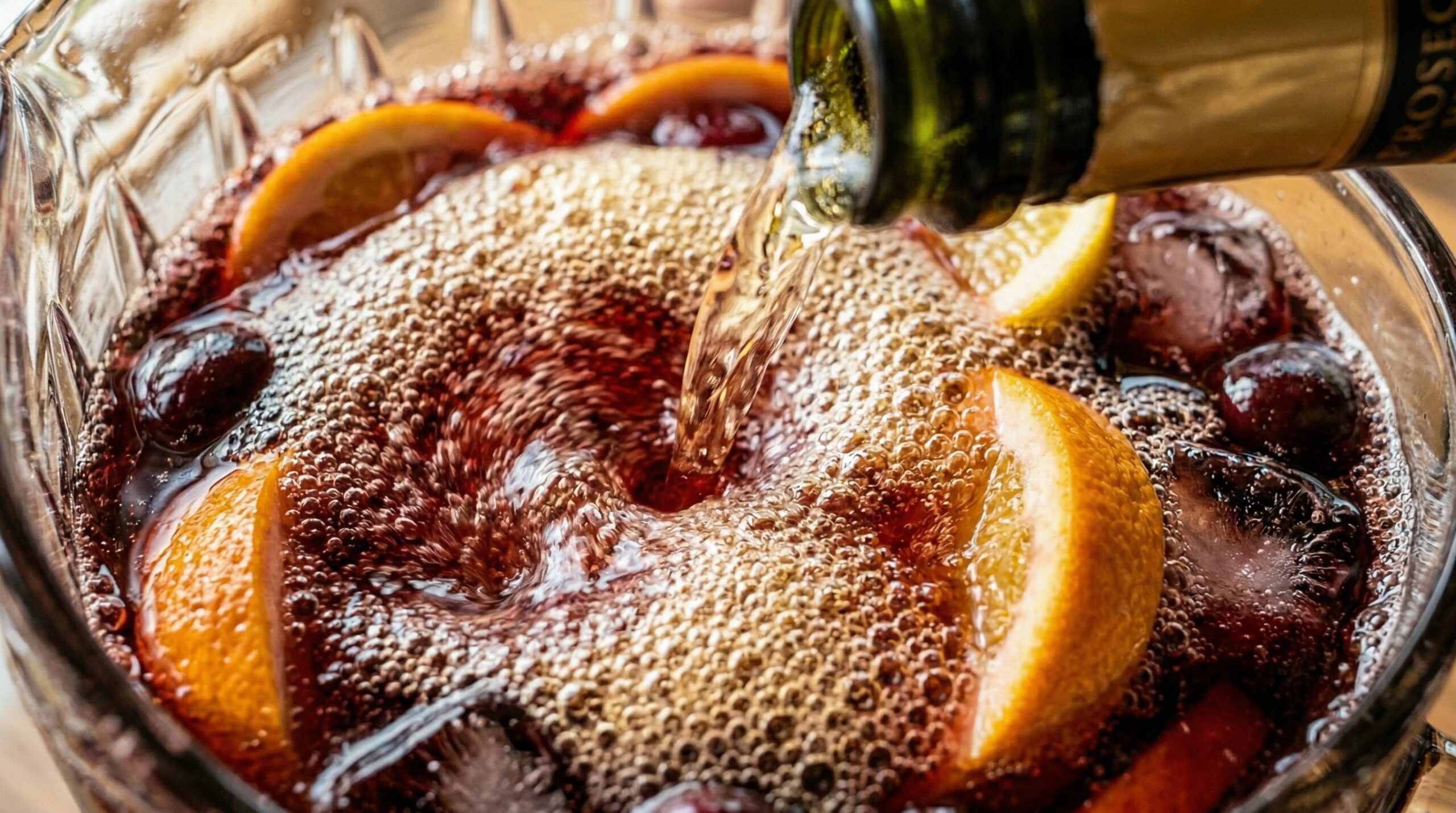 Chilled Prosecco being poured into a crystal pitcher of dark red sangria full of floating citrus