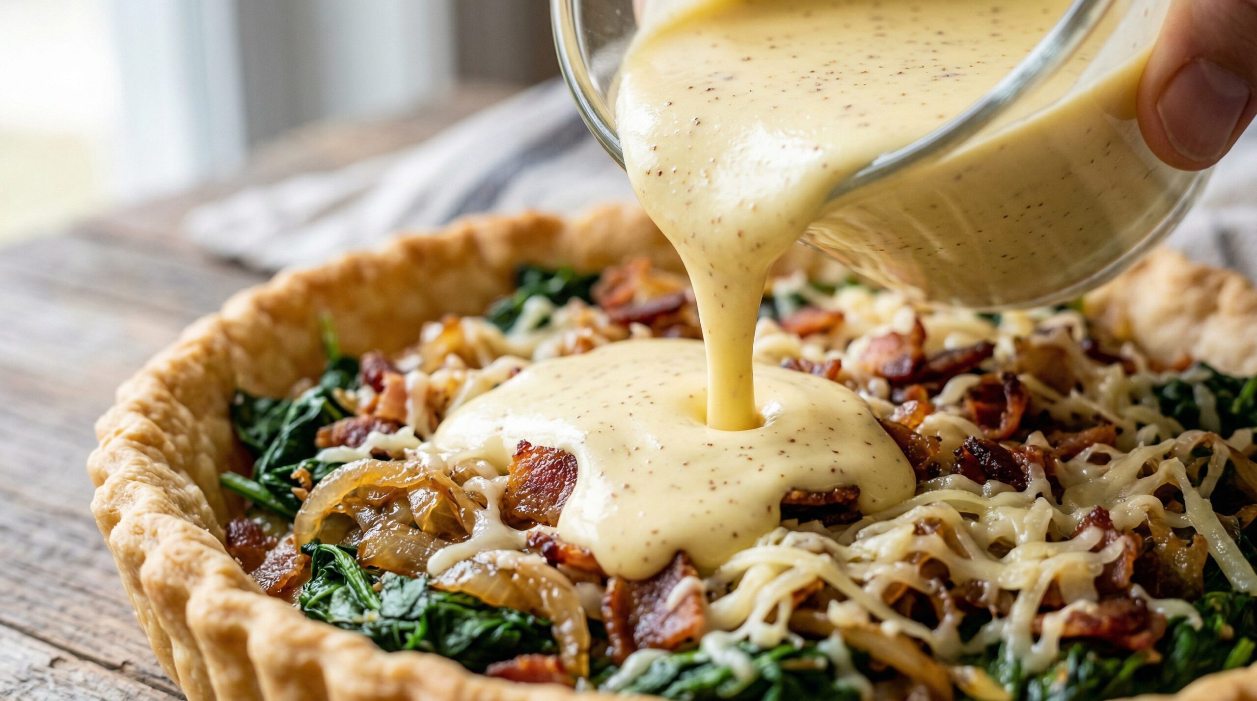 Savory egg custard being poured over layered bacon, onions, spinach, and smoked Fontina in a tart shell