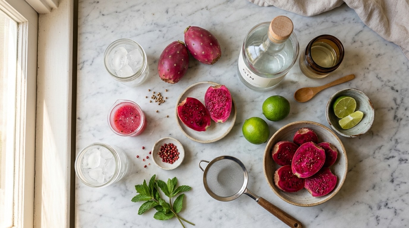 Prickled Pink ingredients on marble: halved prickly pears showing magenta flesh, a blender, a fine sieve, and silver tequila