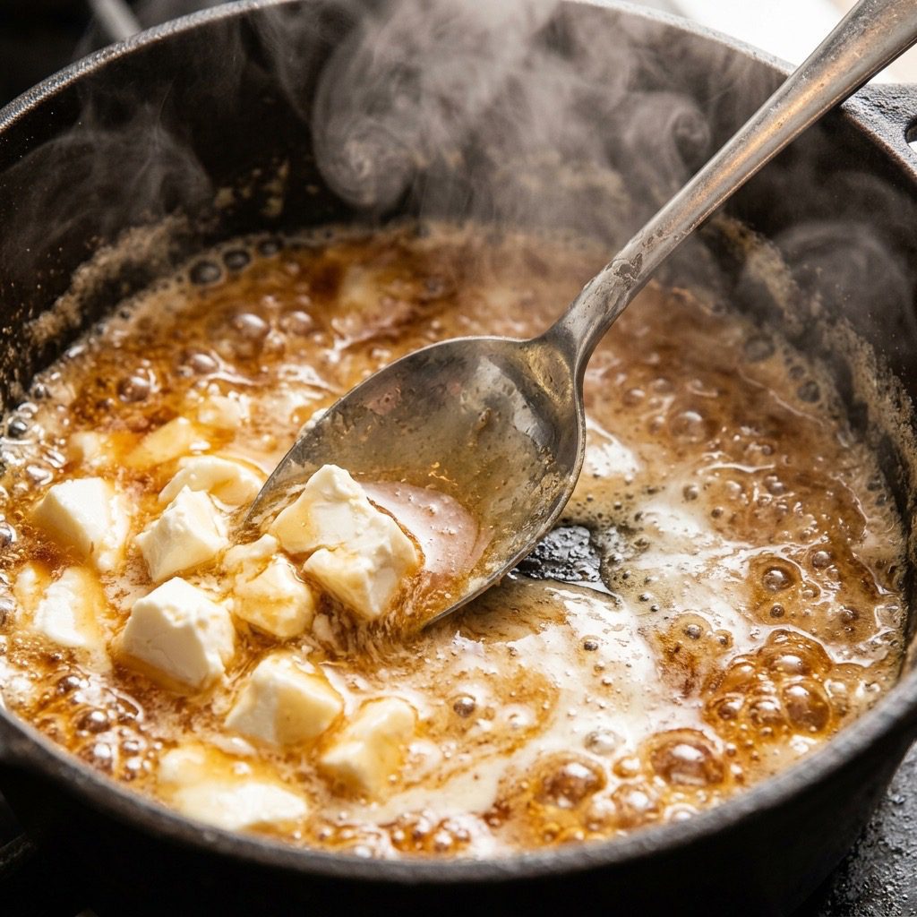 Extreme close-up action shot stirring chunks of cream cheese into bubbling cream and maple syrup