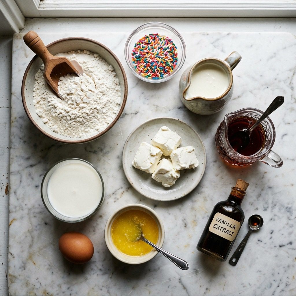 Overhead prep shot of pancake mix, sprinkles, cream, maple syrup, cream cheese, milk, egg, butter, and vanilla on marble