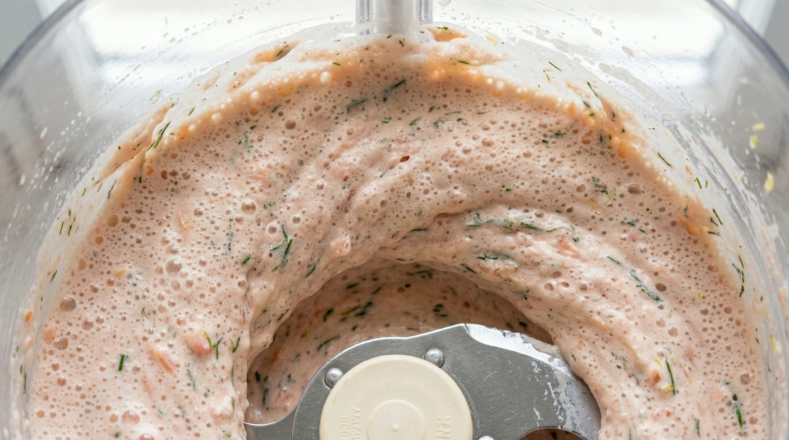 Salmon mousse being pulsed to a light, aerated, pale pink texture in a food processor