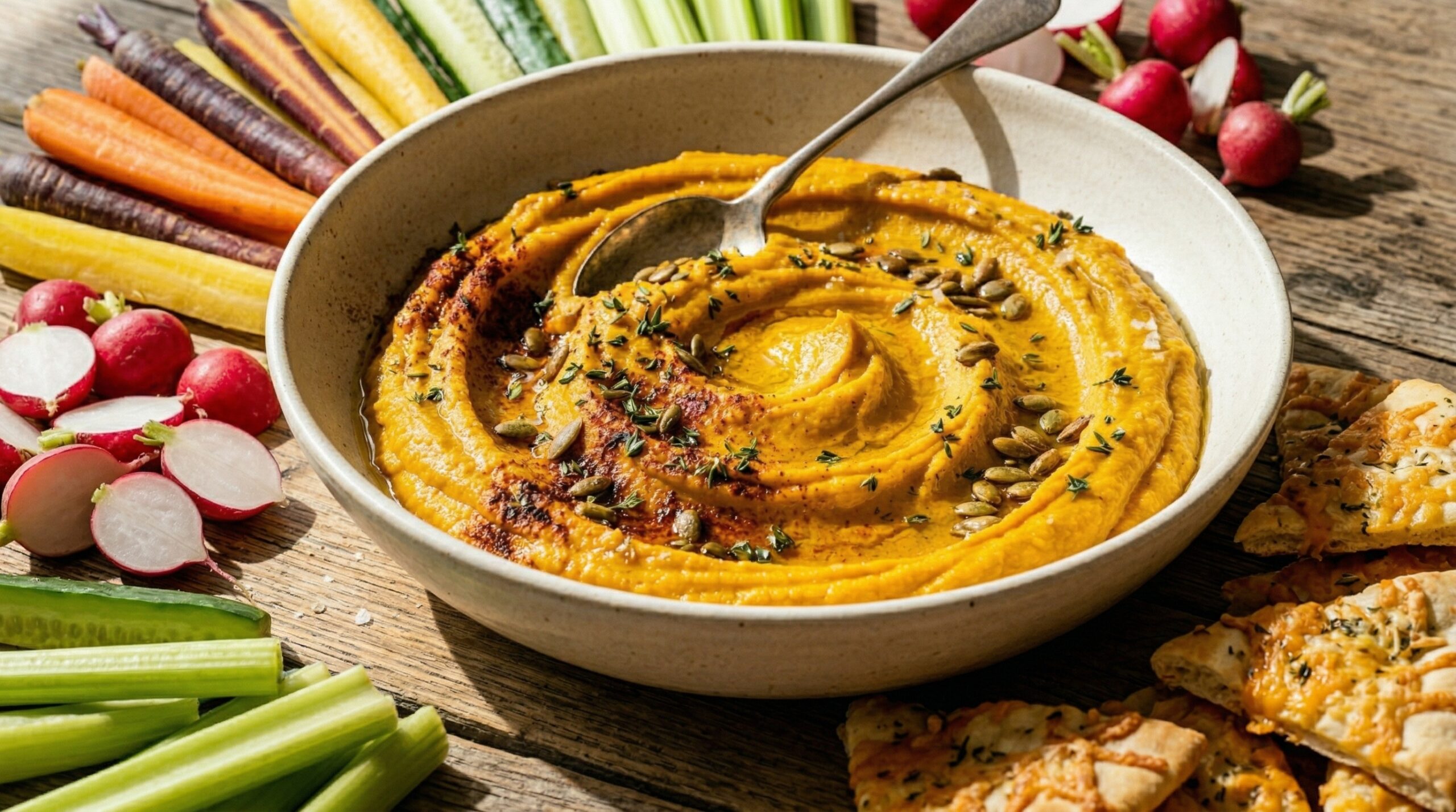 Stunning plated serving of Pumpkin Hummus & Parmesan Pita Crisps, a chef-tested recipe by Chef Jorj Morgan.