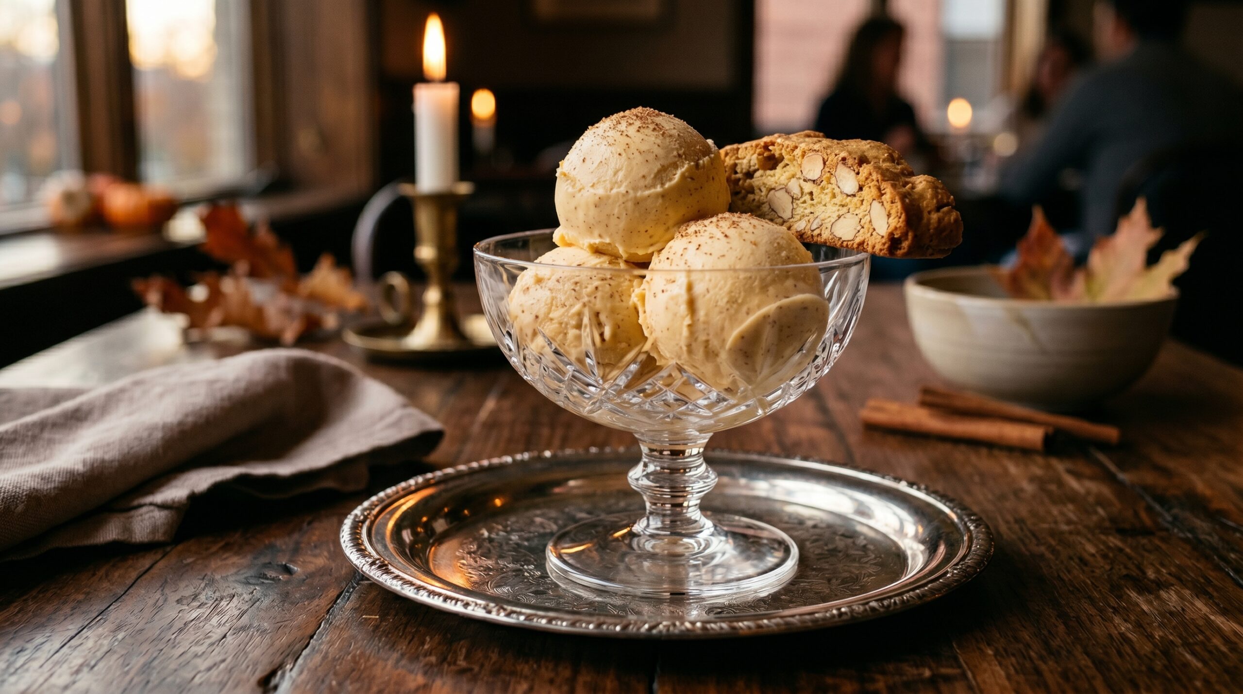 Stunning plated serving of Homemade Pumpkin Pie Ice Cream, a chef-tested recipe by Chef Jorj Morgan.