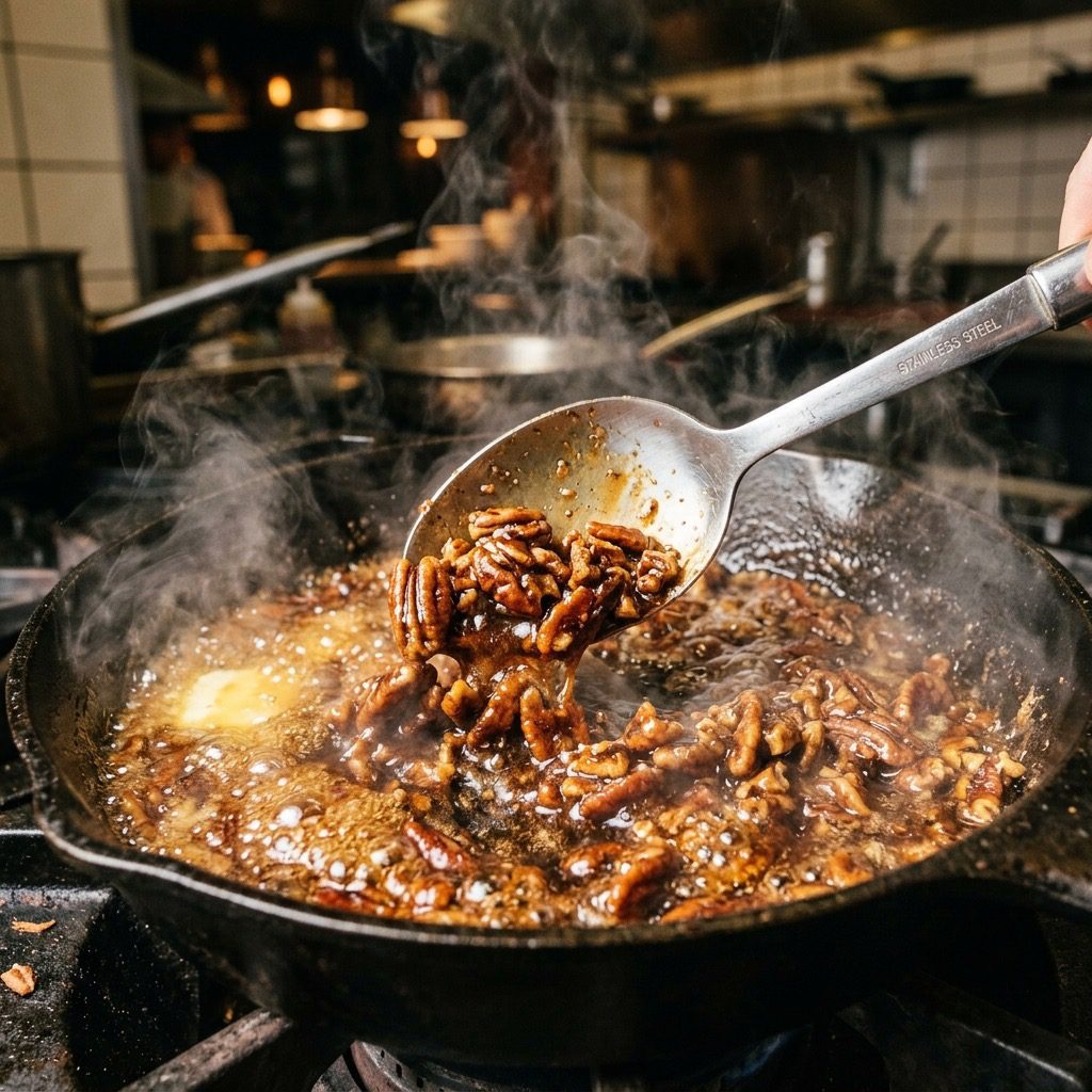 Extreme close-up action shot tossing chopped pecans in bubbling brown sugar and butter