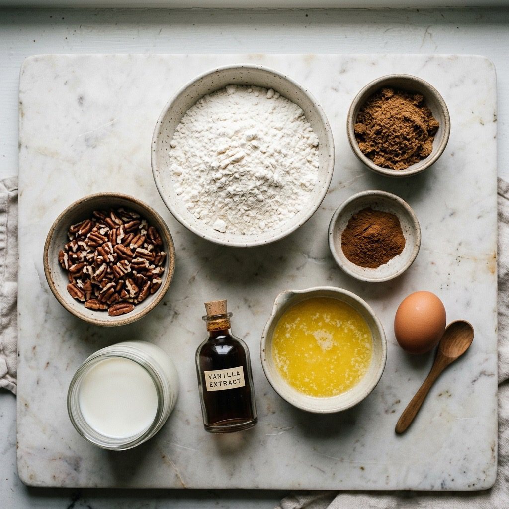Overhead prep shot of pancake mix, pumpkin pie spice, brown sugar, pecans, milk, egg, butter, and vanilla on marble