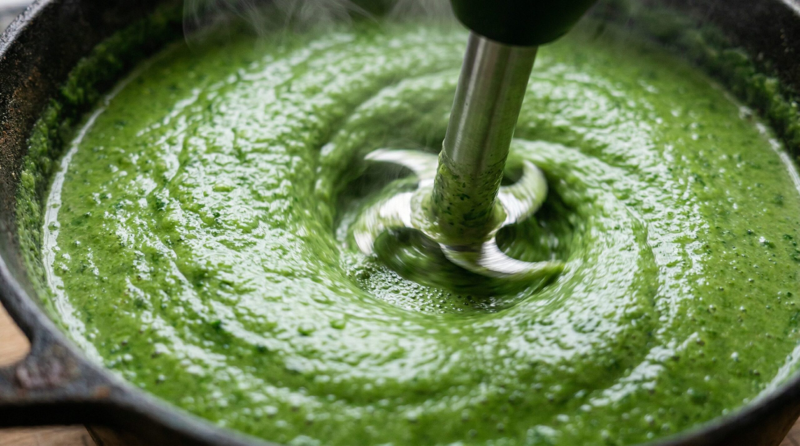 Bright green pea and spinach soup being pureed velvety smooth