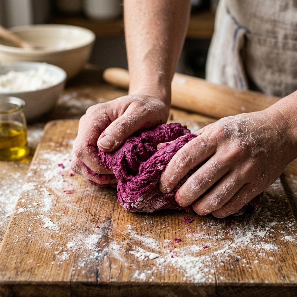 Extreme close-up action shot kneading deep purple beet pasta dough on a floured wooden cutting board