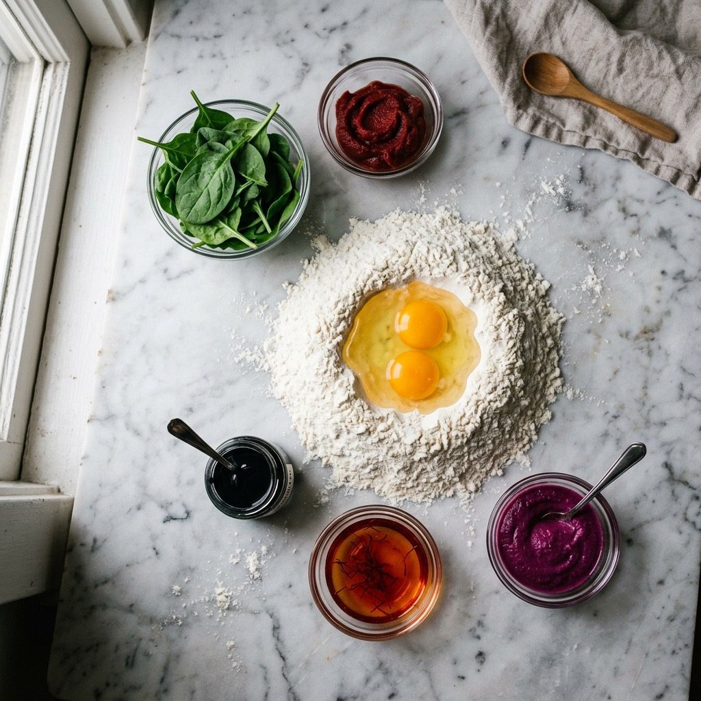Overhead prep shot of spinach, tomato paste, squid ink, saffron water, beet puree, and flour with eggs