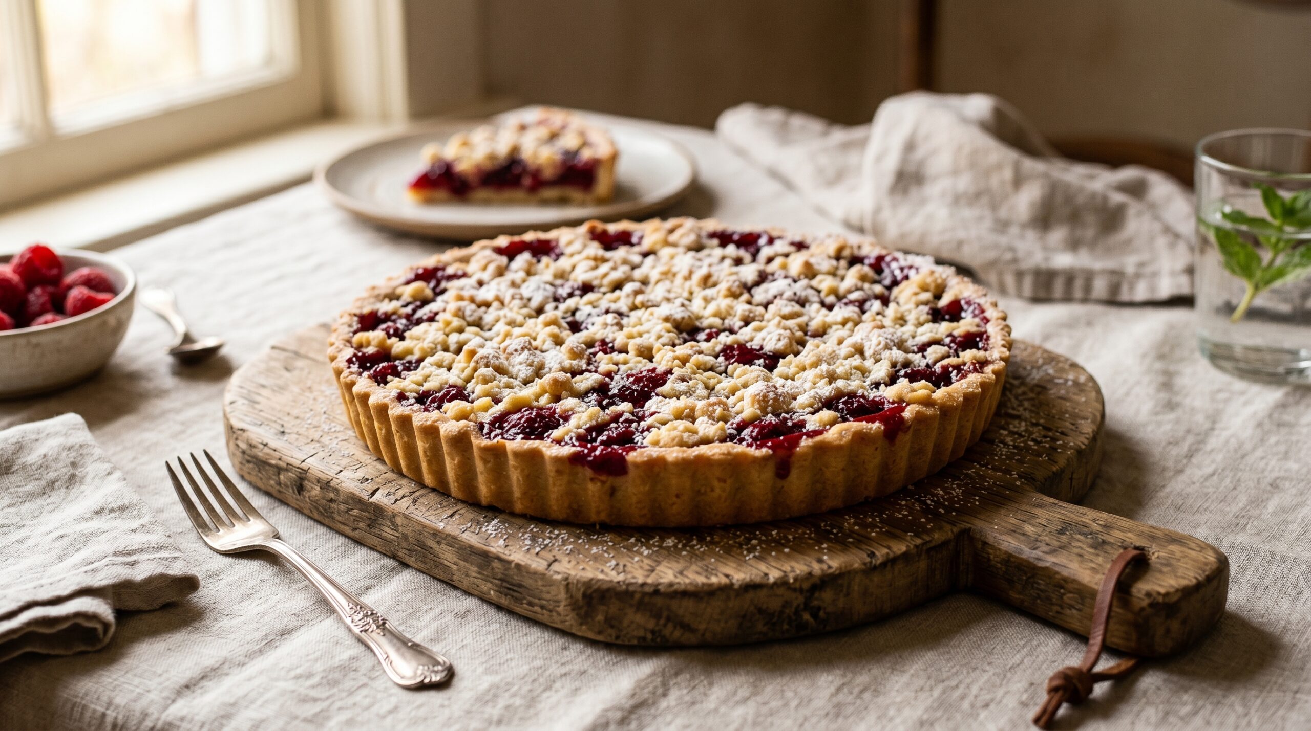 Stunning plated serving of Raspberry Shortbread Tart, a chef-tested recipe by Chef Jorj Morgan.
