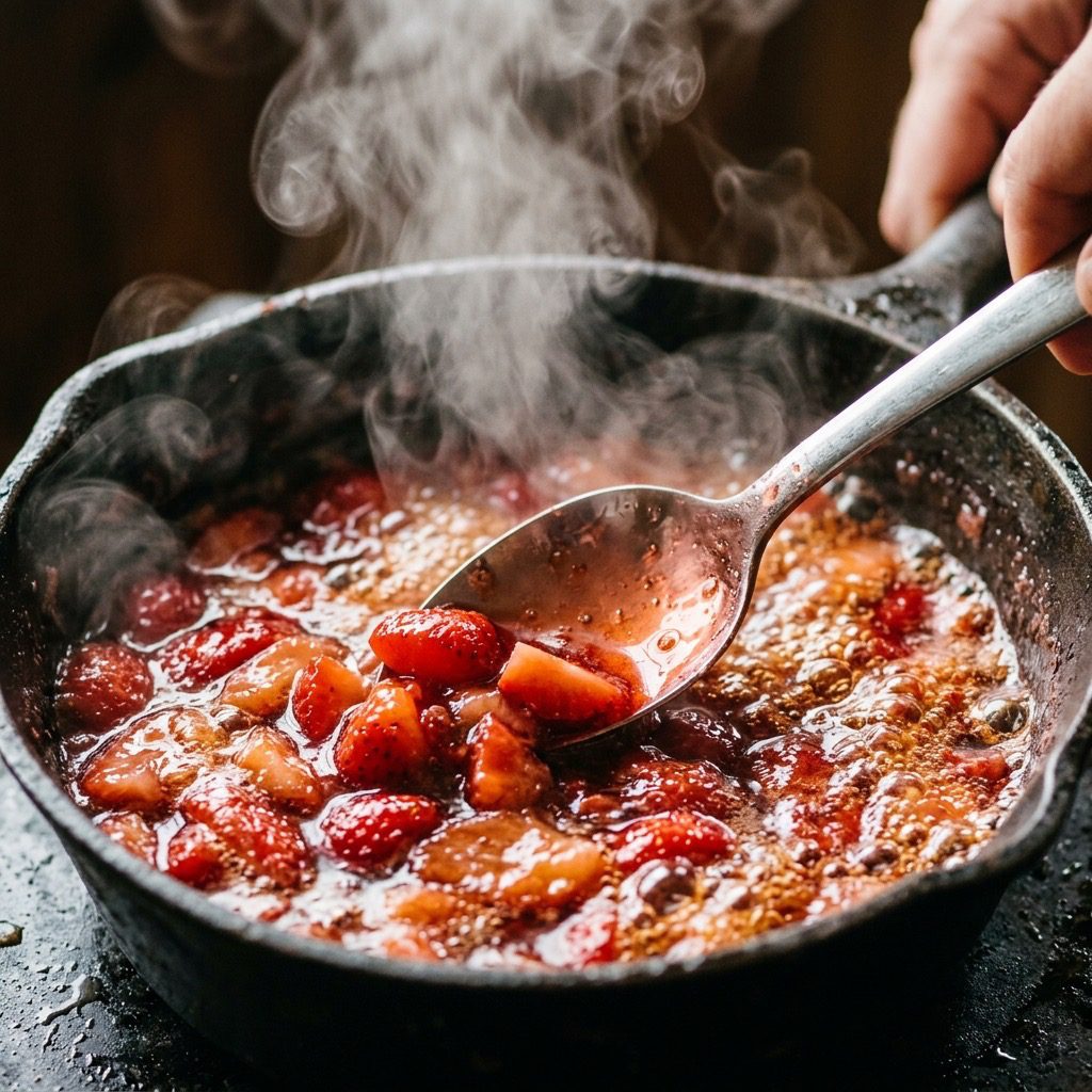 Extreme close-up action shot stirring bright red fresh strawberries simmering in bubbling maple syrup