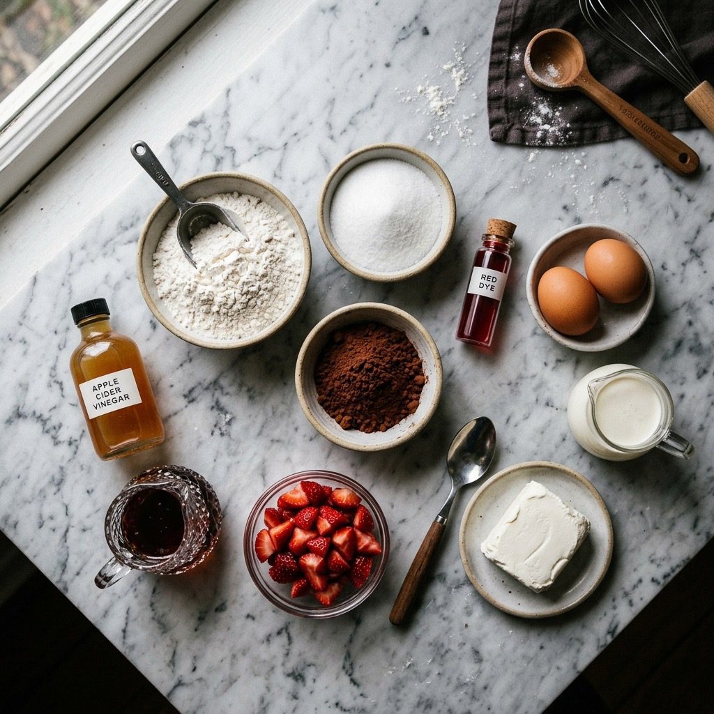 Overhead prep shot of flour, sugar, cocoa powder, red food coloring, vinegar, mascarpone, cream, strawberries, syrup, and eggs on marble