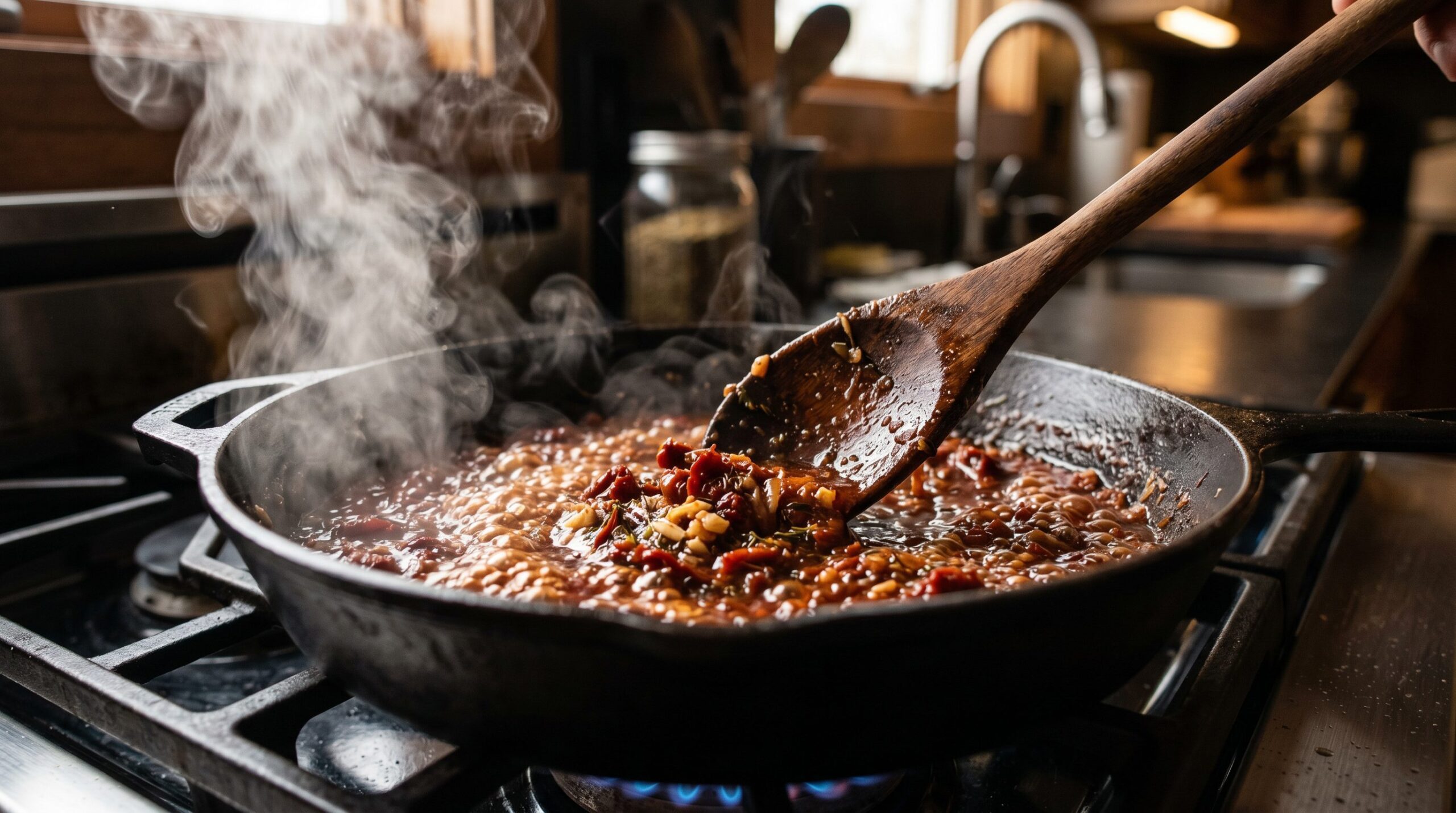 A sun-dried tomato and Marsala sauce reducing in a skillet