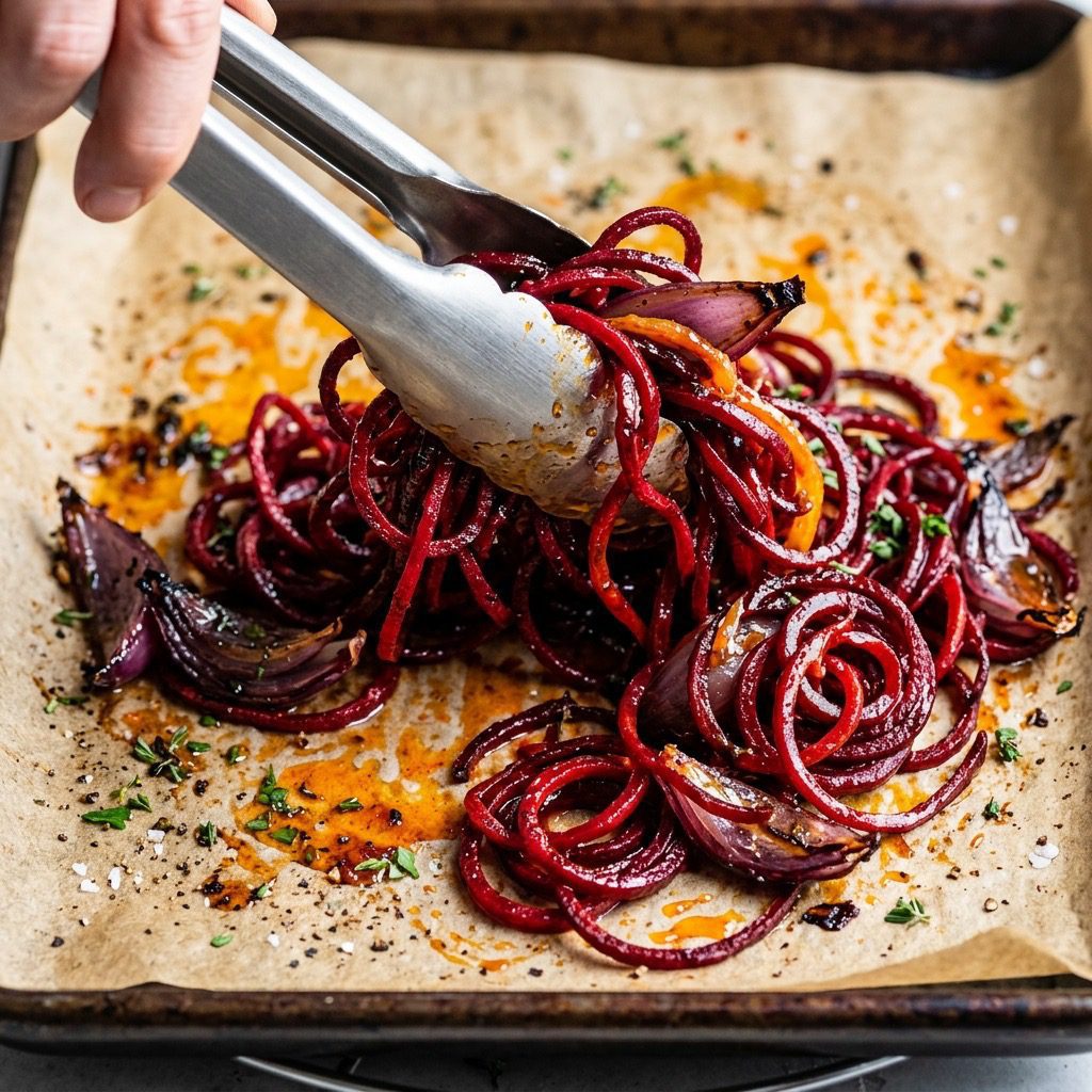 Extreme close-up action shot tossing roasted beet noodles, red onion, and orange-maple glaze with metal tongs