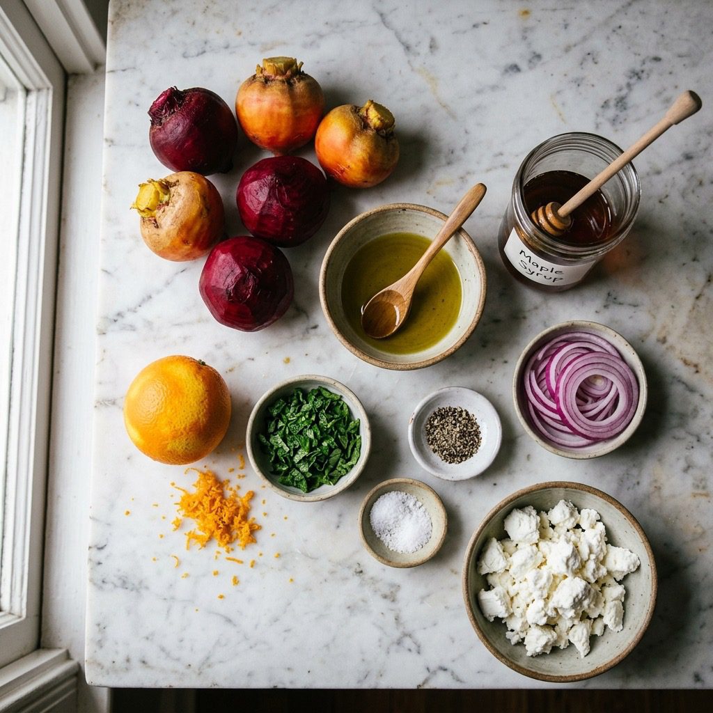 Overhead prep shot of raw beets, olive oil, maple syrup, orange, mint, salt, pepper, red onion, and goat cheese