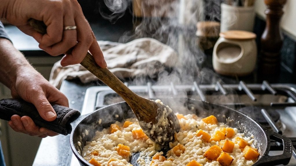 Spiced roasted butternut squash being folded into a creamy cauliflower risotto in a cast-iron skillet