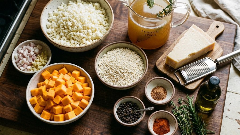 Spiced diced butternut squash on a baking sheet beside cauliflower crumbs, onion, and Parmesan