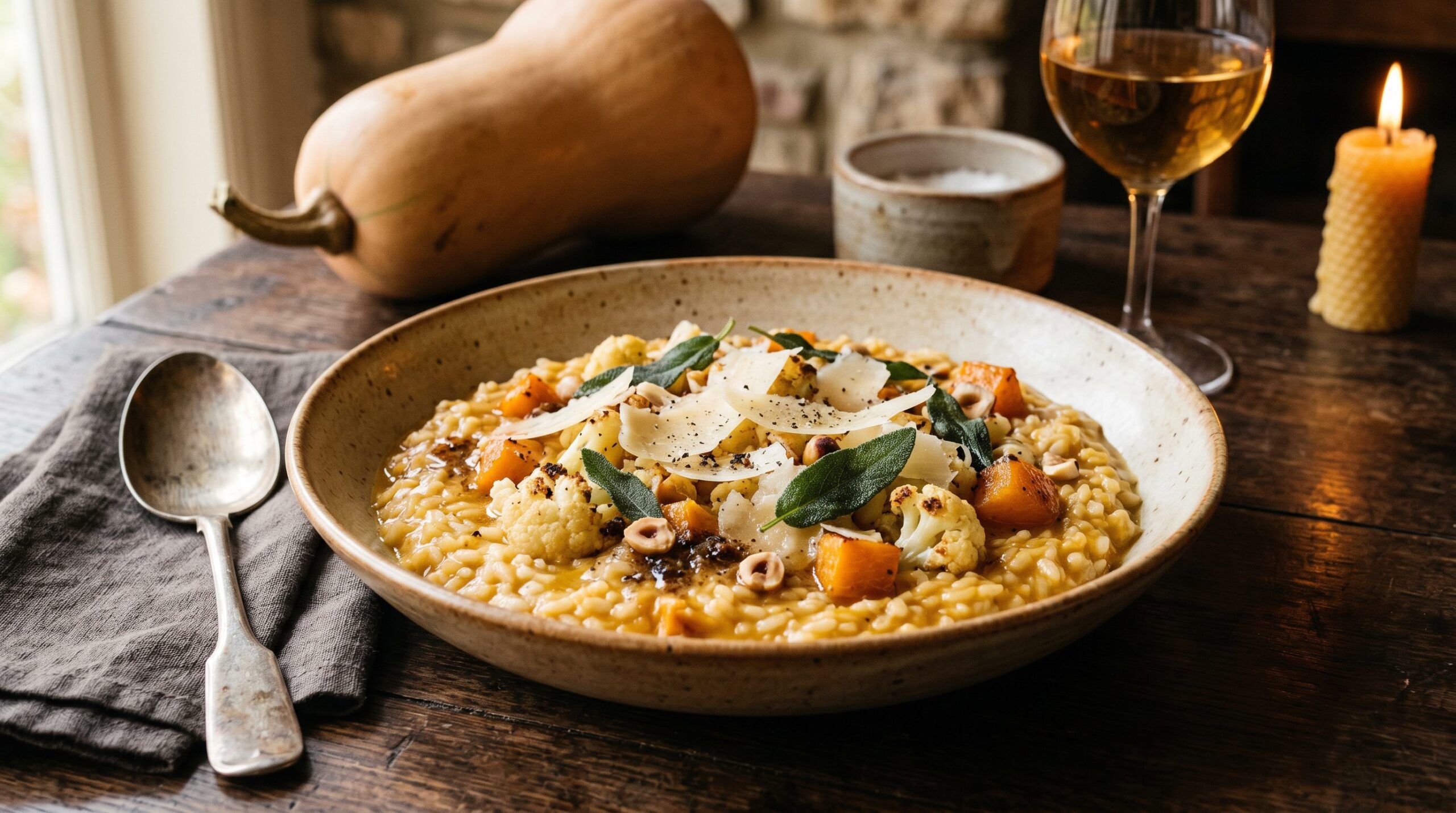 Stunning plated serving of Roasted Butternut & Cauliflower Risotto, a chef-tested recipe by Chef Jorj Morgan.
