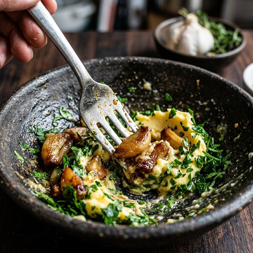 Roasted garlic being smashed into softened butter with parsley