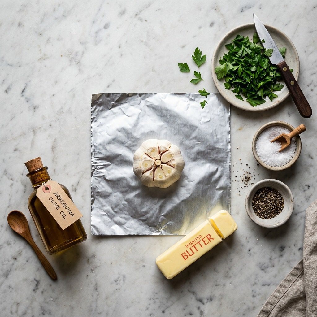 A head of garlic, butter, and parsley arranged for roasted garlic compound butter