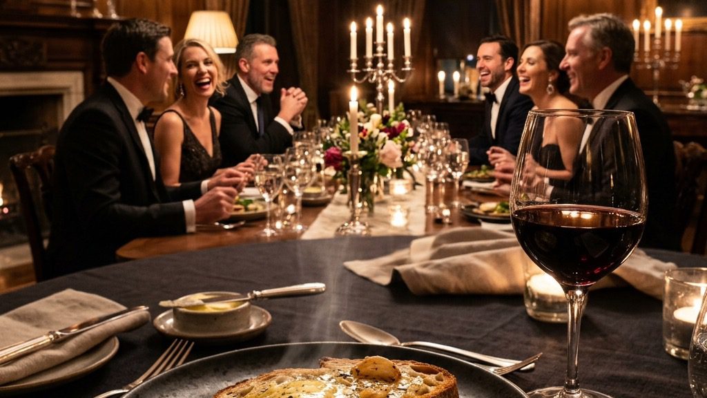 A log of roasted garlic compound butter sliced into coins on an estate table