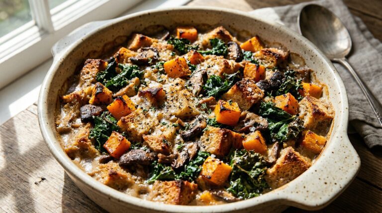 Stunning plated serving of Roasted Butternut Squash and Wild Mushroom Dressing, a chef-tested recipe by Chef Jorj Morgan.