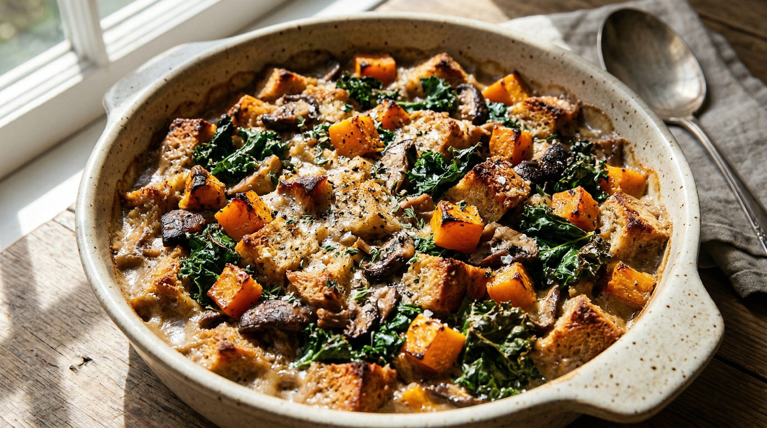 Stunning plated serving of Roasted Butternut Squash and Wild Mushroom Dressing, a chef-tested recipe by Chef Jorj Morgan.