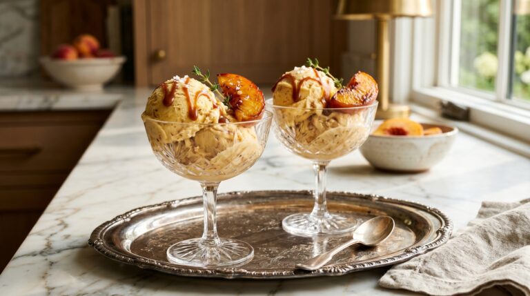 Stunning plated serving of Roasted Peach Caramel Ice Cream, a chef-tested recipe by Chef Jorj Morgan.
