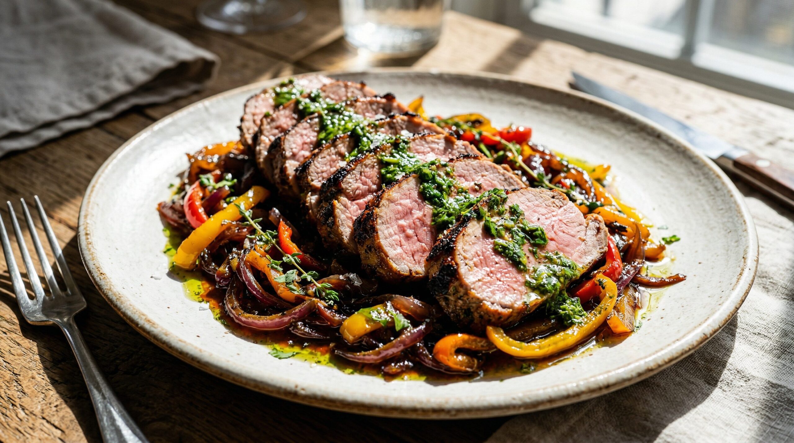 Stunning plated serving of Roasted Pork Tenderloin with Cilantro Vinaigrette, a chef-tested recipe by Chef Jorj Morgan.