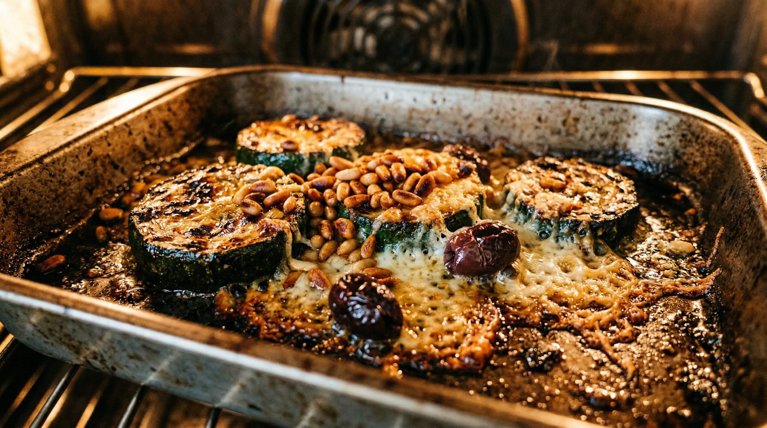 Zucchini rounds roasting with melting Parmesan and golden toasted pine nuts on top