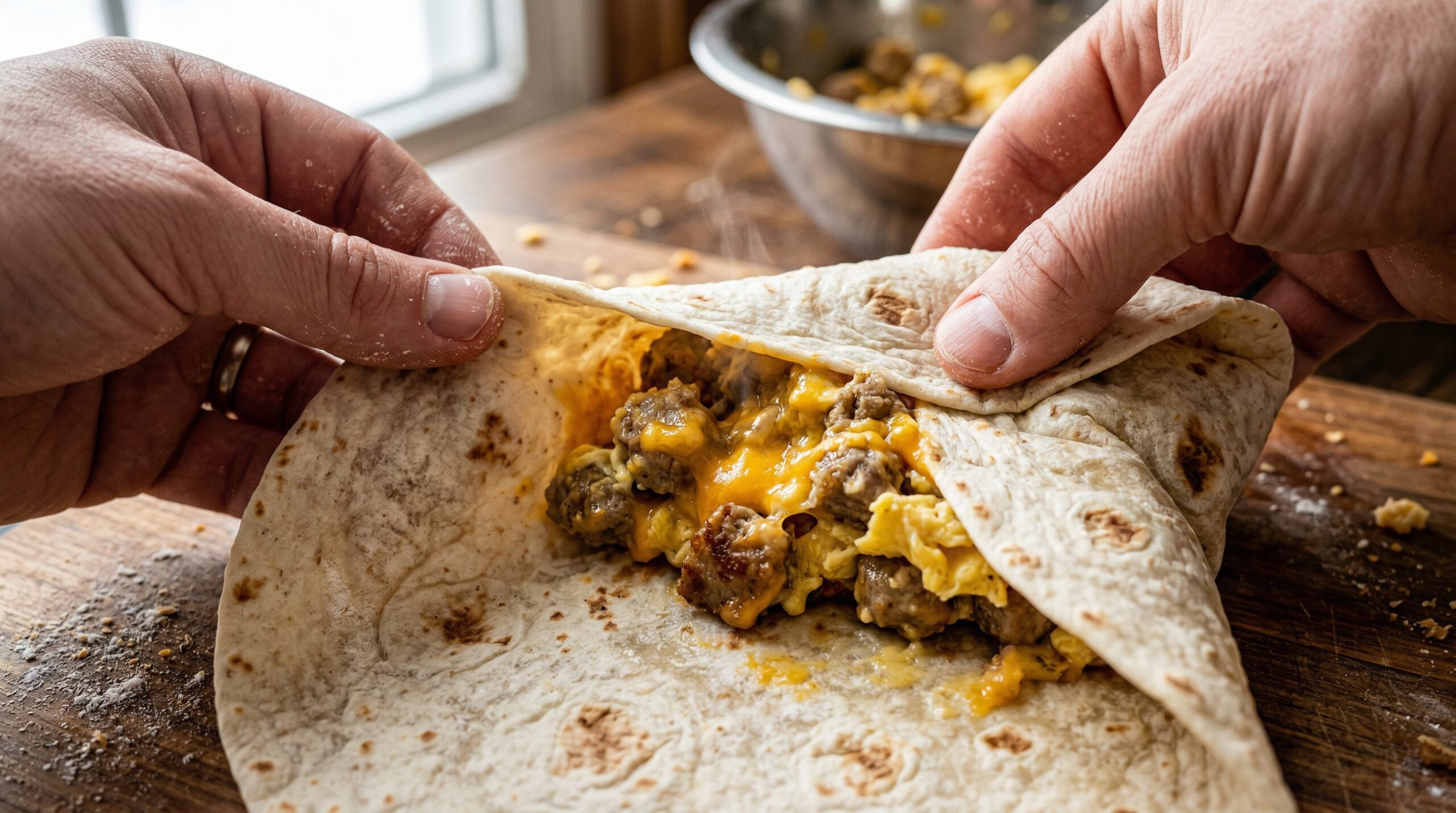 A loaded breakfast burrito being rolled tight and sealed before wrapping in foil